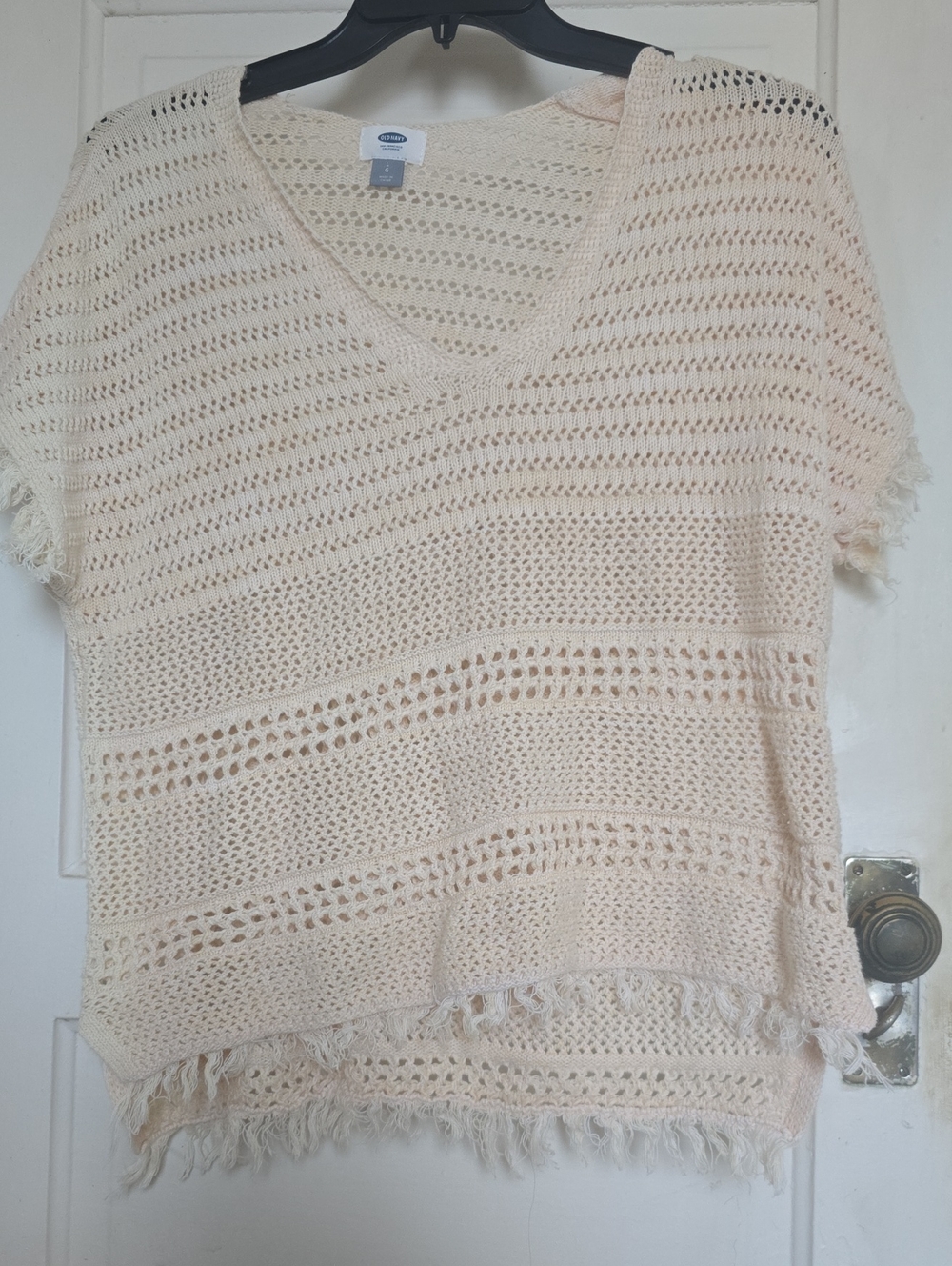 Open-Knit V-Neck Fringe Sweater Top - Cream